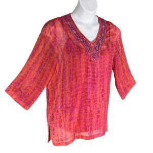 Laura Ashley New Women XL Tie Dye Chiffon Top Jeweled Artsy Blouse Hippie Groovy